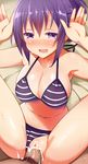  9law bikini bikini_aside blush breasts censored cleavage commentary_request cum cum_in_pussy gochuumon_wa_usagi_desu_ka? hetero highres large_breasts long_hair looking_at_viewer lying navel on_back open_mouth penis purple_eyes purple_hair pussy sex smile solo_focus spread_legs striped striped_bikini sweat swimsuit swimsuit_aside tedeza_rize twintails vaginal 