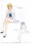  akagi_ritsuko artist_name bangs black_footwear blonde_hair blue_swimsuit breasts casual_one-piece_swimsuit cigarette cleavage concept_art copyright_name crossed_legs earrings fukano_youichi green_eyes grin hand_up high_heels highres holding holding_cigarette jewelry jpeg_artifacts labcoat legs lineart lipstick looking_to_the_side makeup mature medium_breasts mole mole_under_eye multiple_views neon_genesis_evangelion non-web_source official_art one-piece_swimsuit open_clothes open_mouth page_number parted_bangs partially_colored pocket red_lipstick scan shoes short_hair simple_background sitting smile smoking swimsuit swimsuit_under_clothes white_background 