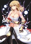  ass_visible_through_thighs bare_shoulders black_background blonde_hair breasts cleavage clothes_around_waist collarbone commentary_request cowboy_shot electricity gauntlets highres large_breasts looking_at_viewer navel orange_eyes ragnarok_online sarashi shura_(ragnarok_online) solo stiel 
