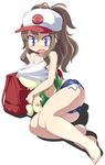  barefoot blue_eyes blush breasts brown_hair butt camel_toe clothing cute duo female flat_chested hair hat hilda_(pok&eacute;mon) human mammal nintendo open_mouth pok&eacute;mon shirt shorts smile snivy tank_top tongue video_games まもウィリアムズ 
