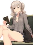  bad_id bad_pixiv_id book casual cat couch furukawa_wanosuke grey_eyes hair_ornament hairclip kantai_collection kashima_(kantai_collection) looking_at_viewer open_mouth silver_hair sitting skirt solo tsurime twintails wavy_hair 