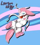  abstract_background arms_tied ball_gag balls blush bound canine chastity chastity_cage cute_fangs eeveelution english_text feral flaccid gag hands_behind_back looking_away male mammal navel nintendo pawpads penis pok&eacute;mon quadruped skunket spread_legs spreading sylveon text video_games 