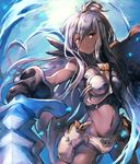  animal_print armor armored_dress bare_shoulders bear_panties bear_print breasts cameltoe dark_skin gloves granblue_fantasy long_hair looking_at_viewer medium_breasts midriff navel panties print_panties red_eyes redcomet revision shield silver_hair solo sword torn_clothes underwear weapon white_hair zooey_(granblue_fantasy) 