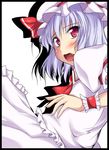  ascot blush commentary_request fang frills hat hat_ribbon highres lavender_hair looking_at_viewer mob_cap open_mouth puffy_short_sleeves puffy_sleeves red_eyes red_ribbon remilia_scarlet ribbon short_sleeves skirt skirt_set solo stiel touhou wrist_cuffs 