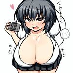  bent_over black_hair blush breasts camera cleavage collarbone commentary heart huge_breasts looking_at_viewer moyashi_udon naughty_face red_eyes seductive_smile shameimaru_aya short_hair smile solo thighs touhou 