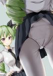  anchovy anzio_school_uniform belt between_breasts blurry breasts brown_eyes close-up depth_of_field drill_hair from_behind girls_und_panzer green_hair hair_ribbon hands_on_hips highres kuria_(clear_trip_second) long_hair looking_at_viewer necktie necktie_between_breasts panties panties_over_pantyhose pantyhose reflection ribbon school_uniform skirt skirt_lift smile solo twin_drills underwear wardrobe_malfunction white_legwear white_panties 