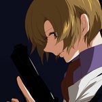  bad_id bad_pixiv_id blue_background brown_eyes brown_hair gun handgun lips pistol shiny shiny_hair short_hair simple_background solo soukyuu_no_fafner spoilers toomi_maya trigger_discipline uniform weapon yuriha 