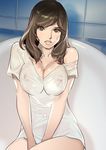  bathtub breasts brown_eyes brown_hair checkered checkered_wall cleavage covered_navel covered_nipples dytm highres large_breasts lips long_hair looking_at_viewer navel nipples off_shoulder original parted_lips see-through shirt solo tile_wall tiles wet wet_clothes wet_shirt white_shirt 