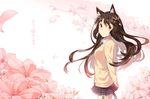  animal_ears arms_behind_back black_hair cat_ears cat_tail cherry_blossoms kimura_(ykimu) long_hair original red_eyes school_uniform skirt smile solo tail 