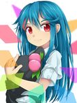  blue_hair food fruit hat hat_hug hat_removed headwear_removed hinanawi_tenshi long_hair looking_at_viewer peach puffy_short_sleeves puffy_sleeves red_eyes shirt short_sleeves smile solo touhou upper_body uumaru 