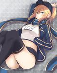  ahoge artoria_pendragon_(all) black_hat black_shorts blonde_hair blue_scarf fate/grand_order fate_(series) groin hat highres long_hair looking_at_viewer lying maosame midriff mysterious_heroine_x navel on_back rojiura_satsuki:_chapter_heroine_sanctuary scarf shorts solo 