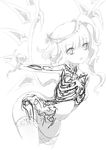  bent_over breasts collarbone cross cuffs eyebrows eyebrows_visible_through_hair fang flandre_scarlet greyscale highres looking_at_viewer monochrome navel nipples nude open_mouth outstretched_arms raptor7 red_eyes side_ponytail simple_background skeleton sketch small_breasts solo spot_color thighhighs touhou white_background wings x-ray 