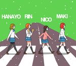  abbey_road anyan_(jooho) black_hair brown_hair crosswalk hoshizora_rin instrument koizumi_hanayo love_live! love_live!_school_idol_project maracas multiple_girls nishikino_maki otonokizaka_school_uniform pantyhose parody red_hair school_uniform short_hair the_beatles twintails yazawa_nico 