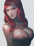  bare_shoulders breasts bursting_breasts bustier cleavage collarbone evil_smile head_tilt large_breasts lips long_hair looking_at_viewer original parted_lips red_eyes red_hair simple_background smile solo upper_body wavy_hair white_background zerosabort 