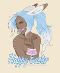  animal_ears bdsm beige_background blue_hair blue_nails bound bound_wrists brown_eyes bunny_ears bunny_girl collarbone cuffs dark_skin easter english eyebrows eyelashes final_fantasy fingernails flesh-amare gag gagged gradient_hair handcuffs hands_together happy_easter heart highres lips long_fingernails long_hair looking_away looking_to_the_side multicolored_hair nail_polish nude pink_eyes ponytail saliva simple_background solo teeth topless viera watermark web_address white_hair 