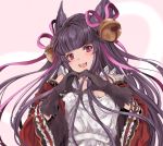  1girl :d animal_ears bell black_gloves black_hair commentary_request erune fox_ears gloves granblue_fantasy hair_bell hair_ornament highres hinahino jingle_bell long_hair looking_at_viewer open_mouth purple_eyes smile solo teeth valentine very_long_hair yuel_(granblue_fantasy) 