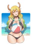  1girl a_pinch_of_vanilla bare_arms beach beach_ball bikini black_bikini blonde_hair breasts cleavage collarbone dragon_horns eyebrows_visible_through_hair eyes_closed highres horns kobayashi-san_chi_no_maidragon large_breasts long_hair multicolored_hair navel parted_lips quetzalcoatl_(maidragon) smile solo swimsuit thick_thighs thighs 