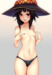  artist_name ass_visible_through_thighs black_hair black_panties blush breasts collarbone covering covering_nipples gradient gradient_background hat highres kono_subarashii_sekai_ni_shukufuku_wo! looking_at_viewer megumin navel panties red_eyes signature small_breasts solo stomach tony_guisado topless underwear wet witch_hat 