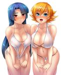  :d asymmetrical_docking bangs bare_shoulders bikini blue_hair blush breast_press breasts clenched_hands collarbone commentary_request cross-laced_clothes embarrassed flipped_hair groin hands_on_thighs heart heart_ring_top igawa_sakura kagami_hirotaka kneeling large_breasts long_hair looking_at_viewer multiple_girls navel nose_blush o-ring o-ring_bikini o-ring_top official_art open_mouth orange_hair parted_bangs parted_lips shiny shiny_hair short_hair side-by-side sideboob slingshot_swimsuit smile string_bikini swimsuit taimanin_(series) taimanin_asagi taimanin_asagi_kessen_arena thigh_gap very_long_hair white_background white_bikini white_swimsuit yatsu_murasaki 