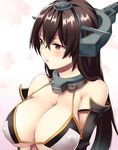  adapted_costume bad_id bad_pixiv_id bare_shoulders blush breasts brown_eyes brown_hair cleavage covered_nipples detached_sleeves eyelashes floral_background gloves gorget hair_between_eyes halterneck headgear kantai_collection large_breasts long_hair looking_away nagato_(kantai_collection) red_eyes shiny shiny_hair solo straight_hair strap_gap underboob upper_body uramiyuki white_background white_bikini_top 