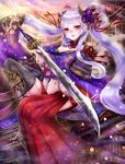  artist_name bangs breasts cleavage haruci highres japanese_clothes katana long_hair medium_breasts midriff nail_polish navel original petals red_eyes sengoku_taisen solo sparkle sword twintails very_long_hair weapon white_hair 