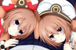  2girls bad_id bad_pixiv_id blanc blue_eyes blush bracelet brown_hair clenched_hand dual_persona frilled_hat frills fur_trim hair_between_eyes hat jewelry kami_jigen_game_neptune_v lap_pillow looking_at_viewer looking_up multiple_girls neck_ribbon neptune_(series) open_mouth pants pov ribbon shironeko_haru short_hair triangle_mouth zipper 