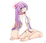  alternate_breast_size ass bare_shoulders barefoot blue_eyes bow breasts full_body hair_between_eyes hairband japanese_clothes kimono kuroonehalf long_hair looking_at_viewer looking_back lou_roux medium_breasts naked_kimono no_bra no_panties older purple_hair shinkon_gattai_godannar!! sitting smile solo wariza 