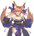  animal_ears bow breasts cleavage detached_sleeves fate/extra fate_(series) fox_ears fox_shadow_puppet fox_tail hair_bow japanese_clothes kimono large_breasts multiple_tails nadare-san_(nadare3nwm) obi one_eye_closed open_mouth pink_hair sash solo tail tamamo_(fate)_(all) tamamo_no_mae_(fate) thighhighs twintails zettai_ryouiki 