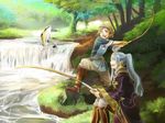  1girl commentary_request donny_(fire_emblem) female_my_unit_(fire_emblem:_kakusei) fire_emblem fire_emblem:_kakusei fish fishing fishing_rod long_hair my_unit_(fire_emblem:_kakusei) open_mouth otoka_hisagi pot river short_hair sitting smile twintails white_hair 