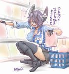  angry artist_name bag boots box breasts cleavage convenience_store dated employee_uniform eyepatch gloves headgear highres kantai_collection kneeling large_breasts lawson name_tag open_mouth partly_fingerless_gloves purple_hair shelf shirt shop shopping_basket short_hair skirt solo stocking_shelves striped teeth tenryuu_(kantai_collection) text_focus thighhighs translated unbalance uniform yellow_eyes zettai_ryouiki 