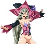  bare_shoulders black_sleeves bottomless censored green_eyes grey_hair hat highres long_hair magilou_(tales) mismatched_sleeves mosaic_censoring outstretched_arms pink_sleeves pussy smile solo tales_of_(series) tales_of_berseria tore-saki transparent_background very_long_hair witch_hat 