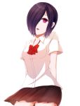  1girl alternate_eye_color alternate_hair_color arms_behind_back bare_arms black_skirt bow breasts commentary_request cowboy_shot from_below hair_over_one_eye kirishima_touka kotomiracle looking_at_viewer one_eye_covered pink_eyes purple_hair red_bow red_neckwear school_uniform short_hair short_sleeves simple_background skirt small_breasts solo standing tokyo_ghoul tongue tongue_out white_background 