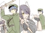  1girl blue_hair eyepatch head_bump headgear kantai_collection karakure_(kamo-nanban) military_police original purple_hair shinai short_hair sword tenryuu_(kantai_collection) uniform weapon 