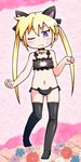  animal_ears ass_visible_through_thighs bell bell_choker bell_collar black_bra black_legwear black_panties blonde_hair blue_eyes bra cat_cutout cat_ear_panties cat_ears cat_lingerie choker cleavage_cutout collar commentary_request fang frilled_bra frills full_body groin highres jingle_bell jinnouchi_akira kill_me_baby long_hair meme_attire navel no_shoes one_eye_closed panties paw_pose side-tie_panties solo sonya_(kill_me_baby) stomach thighhighs twintails underwear 