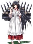  alternate_costume apron black_hair cannon full_body fusou_(kantai_collection) hair_ornament japanese_clothes kantai_collection long_hair long_skirt looking_at_viewer maid_apron maid_headdress pleated_skirt red_eyes rigging simple_background skirt solo standing tabi tatsumi_ray turret twitter_username very_long_hair wa_maid white_background zouri 
