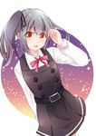  dress grey_hair izumo_ayuka kantai_collection kasumi_(kantai_collection) long_hair long_sleeves open_mouth remodel_(kantai_collection) ribbon school_uniform shirt side_ponytail silver_hair sleeveless sleeveless_dress smile solo white_shirt yellow_eyes 