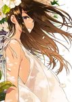  breasts brown_hair floating_hair flower from_side keishin leaf long_hair looking_at_viewer mouth_hold original petals plant purple_eyes see-through see-through_silhouette sideboob sleeveless small_breasts solo upper_body white_background white_flower wind 