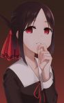  1girl apollo_(hu_maple) black_hair embarrassed hair_ribbon highres kaguya-sama_wa_kokurasetai_~tensai-tachi_no_renai_zunousen~ looking_at_viewer red_eyes red_ribbon ribbon shinomiya_kaguya 