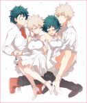  2boys 2girls annoyed bakugou_katsuki bare_shoulders black_footwear blonde_hair blush boku_no_hero_academia boots border breasts choker collared_shirt couple dress dress_shirt dual_persona elbow_gloves freckles full_body genderswap genderswap_(mtf) gloves green_eyes green_hair halter_dress hand_holding high_heels long_sleeves looking_at_another looking_away maneki-neko_(fujifuji) medium_breasts midoriya_izuku multiple_boys multiple_girls nose_blush open_mouth red_border red_eyes red_footwear red_neckwear shirt shoes short_dress short_hair sitting sitting_on_lap sitting_on_person spiked_hair sweatdrop white_choker white_dress white_footwear white_gloves 