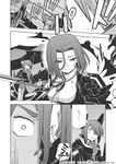 blood blood_on_face comic crazy_smile eyepatch greyscale hair_over_eyes hair_over_one_eye ikazuchi_(kantai_collection) inazuma_(kantai_collection) kantai_collection katari_(ropiropi) monochrome multiple_girls polearm short_hair spear tatsuta_(kantai_collection) tenryuu_(kantai_collection) translated weapon 