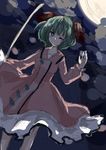  absurdres broom cloud cloudy_sky commentary dress dutch_angle floppy_ears green_eyes green_hair hand_up highres holding holding_broom kagari6496 kasodani_kyouko moon moonlight night one_eye_closed pink_dress sketch sky solo touhou 