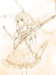  animal_ears bunny_ears cowboy_shot crescent dress gun hammer_and_sickle looking_to_the_side mallet monochrome nagata_nagato puffy_short_sleeves puffy_sleeves rifle seiran_(touhou) sepia short_hair short_sleeves sketch smoke solo star star_print strap touhou traditional_media weapon 