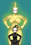  black_sclera black_skin black_sperm breasts genderswap genderswap_(mtf) hands_on_hips highres large_breasts multiple_girls nail_polish navel no_pupils one-punch_man personification size_difference spoilers the_golden_smurf white_eyes yellow_skin 