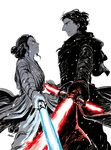  1boy 1girl energy_sword eye_contact kylo_ren lightsaber looking_at_another matsuri6373 monocrome rey_(star_wars) spoilers spot_color star_wars sword weapon 