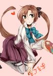  akigumo_(kantai_collection) black_bow blue_bow bow brown_hair character_name green_eyes hair_bow kagari6496 kantai_collection kneeling long_hair looking_to_the_side paintbrush palette pantyhose ponytail popped_collar sketch skirt solo translated very_long_hair wing_collar 