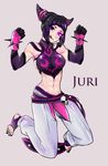  1girl bare_shoulders barefoot black_hair breasts capcom detached_sleeves drill_hair feet fingerless_gloves gloves han_juri large_breasts looking_at_viewer no_shoes purple_eyes short_hair sideboob solo street_fighter street_fighter_iv toeless_socks toenail_polish toes tongue tongue_out twin_drills 