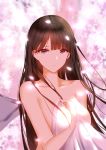  1girl absurdres blurry blurry_background breasts brown_eyes brown_hair closed_mouth collarbone commentary_request depth_of_field hand_up higandgk highres holding holding_towel large_breasts long_hair looking_at_viewer motion_blur nude original petals solo towel upper_body very_long_hair 