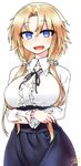  absurdres blonde_hair blue_eyes blush breasts fang frilled_shirt frills highres himekawa_hinari large_breasts long_hair looking_at_viewer low_twintails meme_attire open_mouth original shirt simple_background smile solo twintails virgin_killer_outfit white_background yoshida_hideyuki 