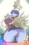  1girl ass blue_skin from_behind huge_ass maniacpaint panties purple_hair sideboob skullgirls solo squigly_(skullgirls) stockings thick_thighs thighhighs wide_hips 