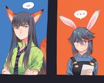  2girls :t alternate_costume animal_ears black_hair blue_eyes blue_shirt bunny_ears closed_mouth collared_shirt cosplay eyebrows eyebrows_visible_through_hair fox_ears fox_tail green_shirt hair_between_eyes hawaiian_shirt holding holding_paper judy_hopps judy_hopps_(cosplay) kemonomimi_mode kill_la_kill kiryuuin_satsuki long_hair looking_at_viewer matoi_ryuuko multicolored_hair multiple_girls necktie nick_wilde nick_wilde_(cosplay) paper police police_uniform policewoman pout print_shirt red_hair shirt short_hair smile speech_bubble spoken_ellipsis streaked_hair striped striped_neckwear tail thick_eyebrows uniform upper_body yorukun zootopia 